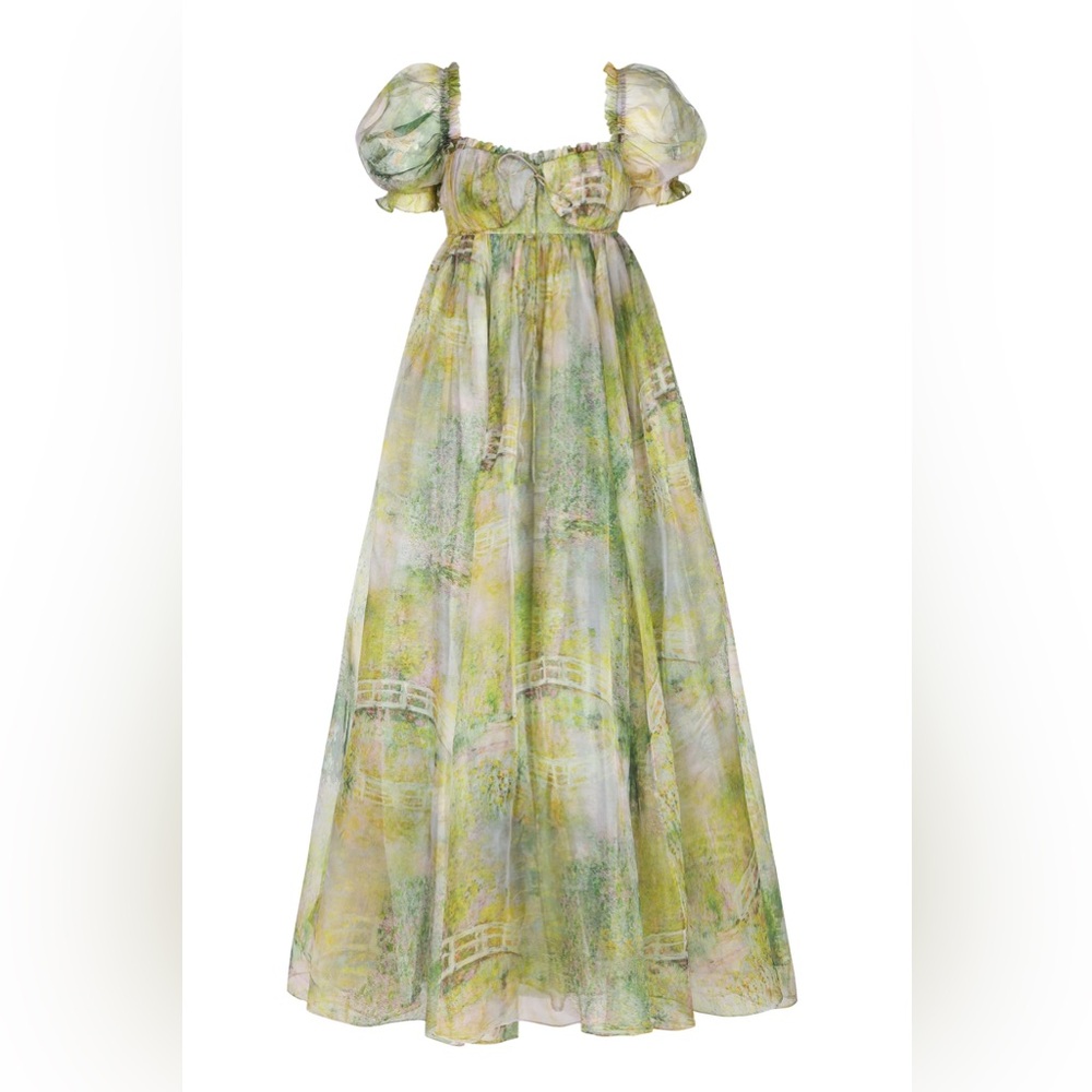 Selkie, Silk Gauze, seashell gown, The Bridge, Elegant Green Floral Maxi